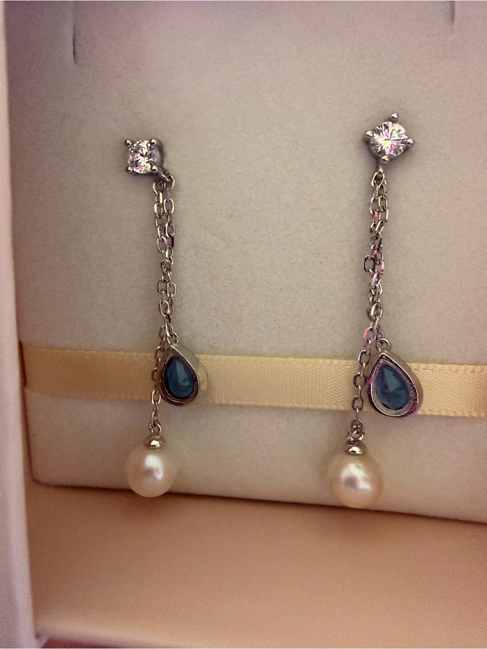 Sterling Silver Pearl Drop Earrings with Blue Teardrop Stones
